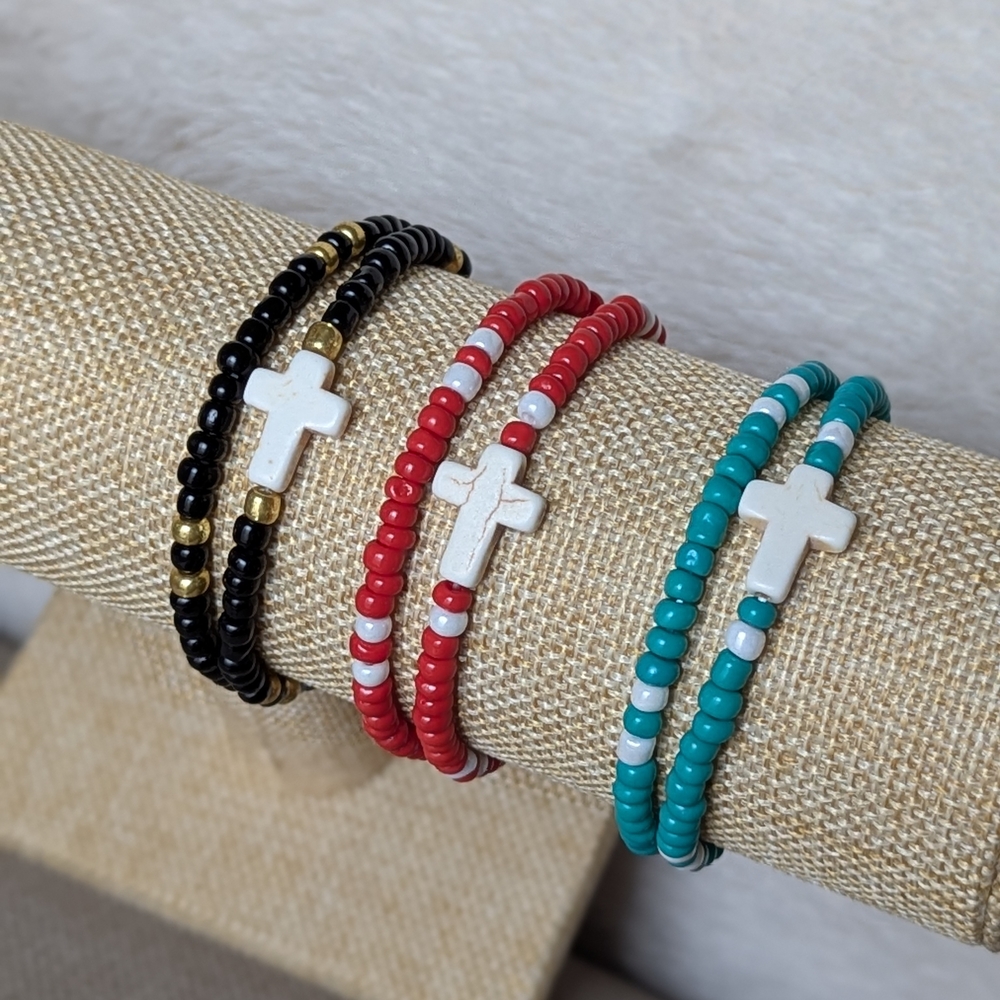 Beaded Stretchable Cross Bracelets Set 6.5" (Available In 3 Colors)